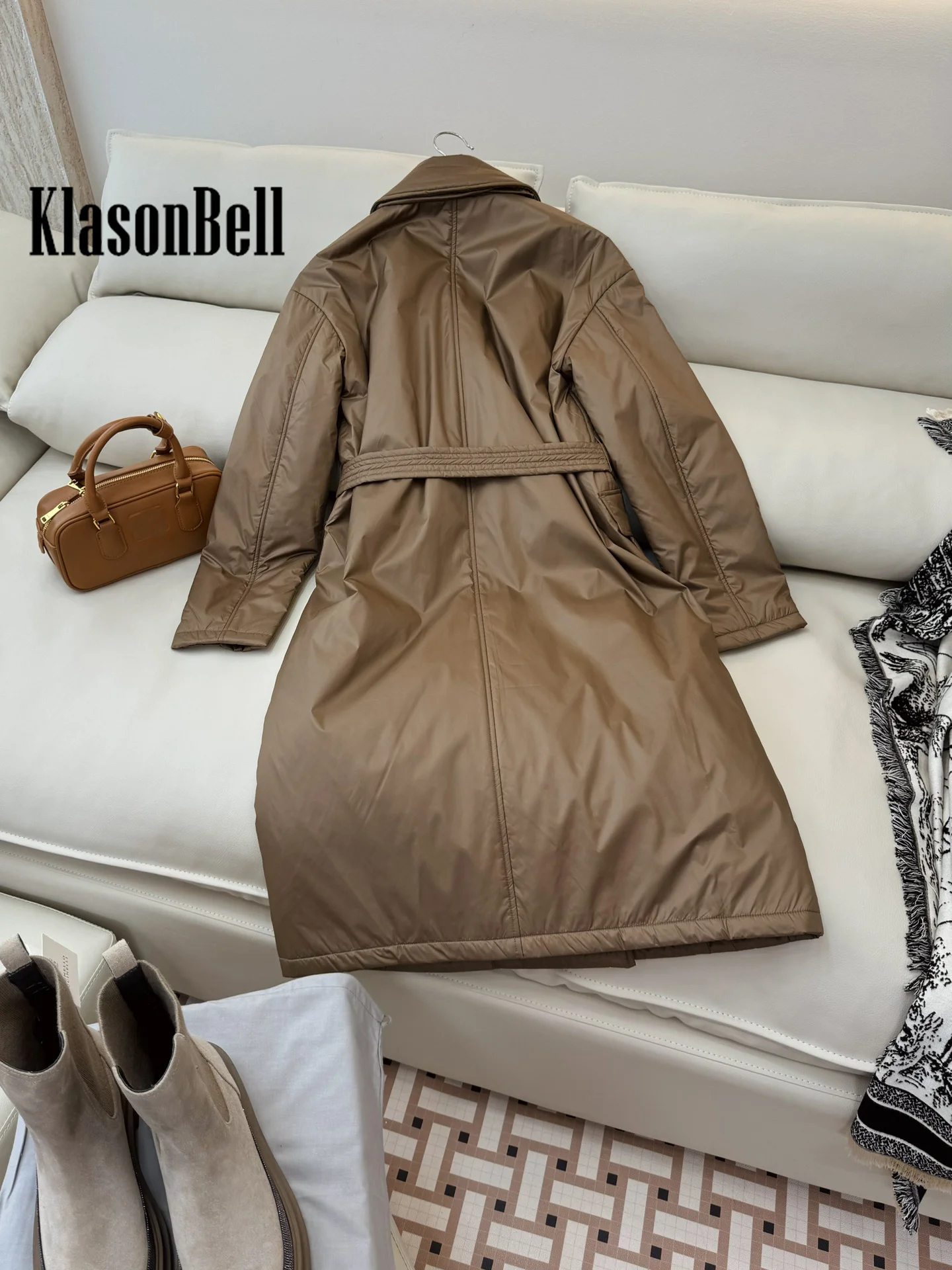 8.28 KlasonBell-Women Temperament Camel Hair Long Parkas Lapel Collar Double Breasted Sashes Collect Waist Keep Warm Coat