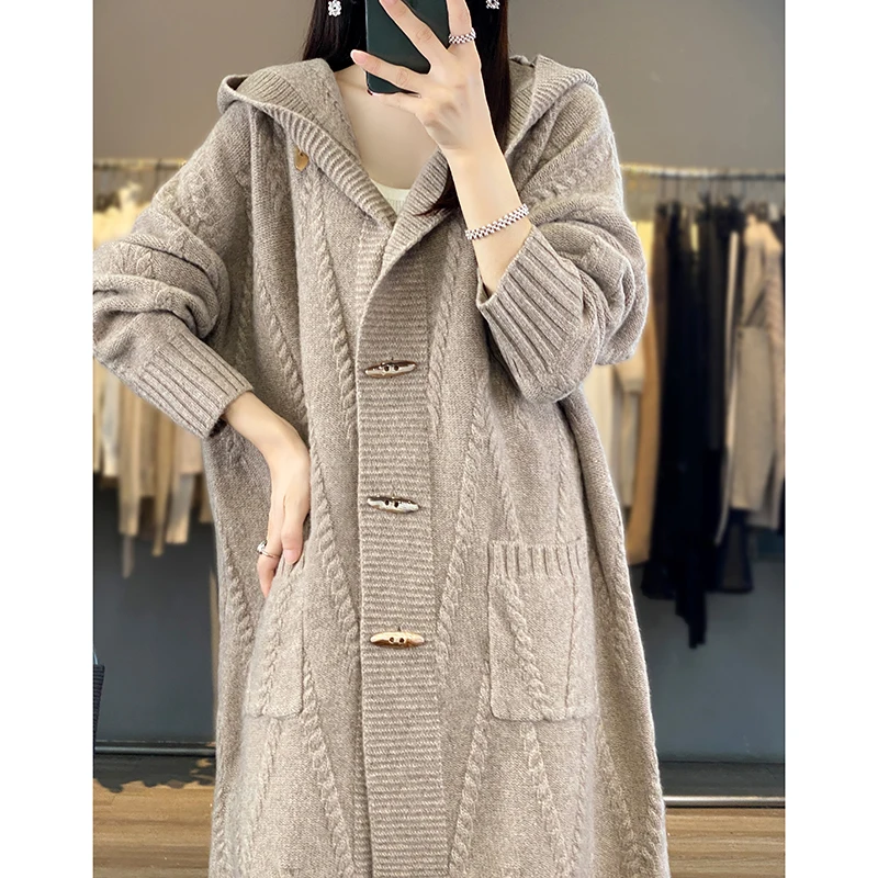 Autumn And Winter New Cashmere Cardigan Women\'s 100% Pure Wool Coat Loose Hooded Long Horn Button Knitted Sweater