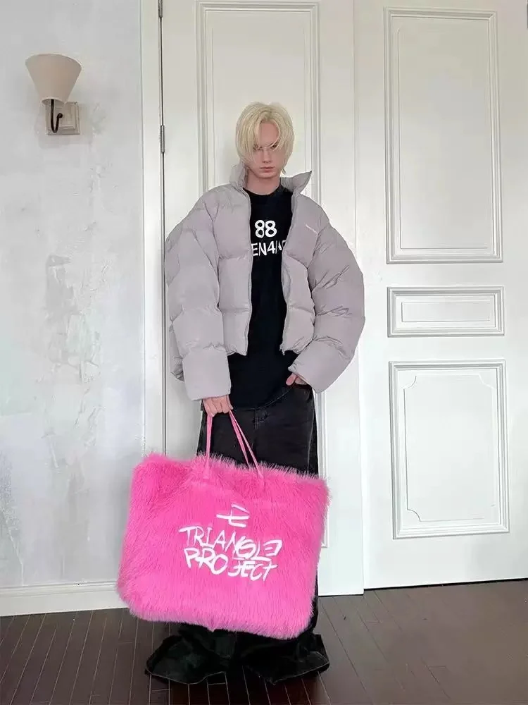 

Embroidered Faux Fur Handbag Men's oulder Tote Bag Casual Color Daily Use Artificial Hair Material ex Bag