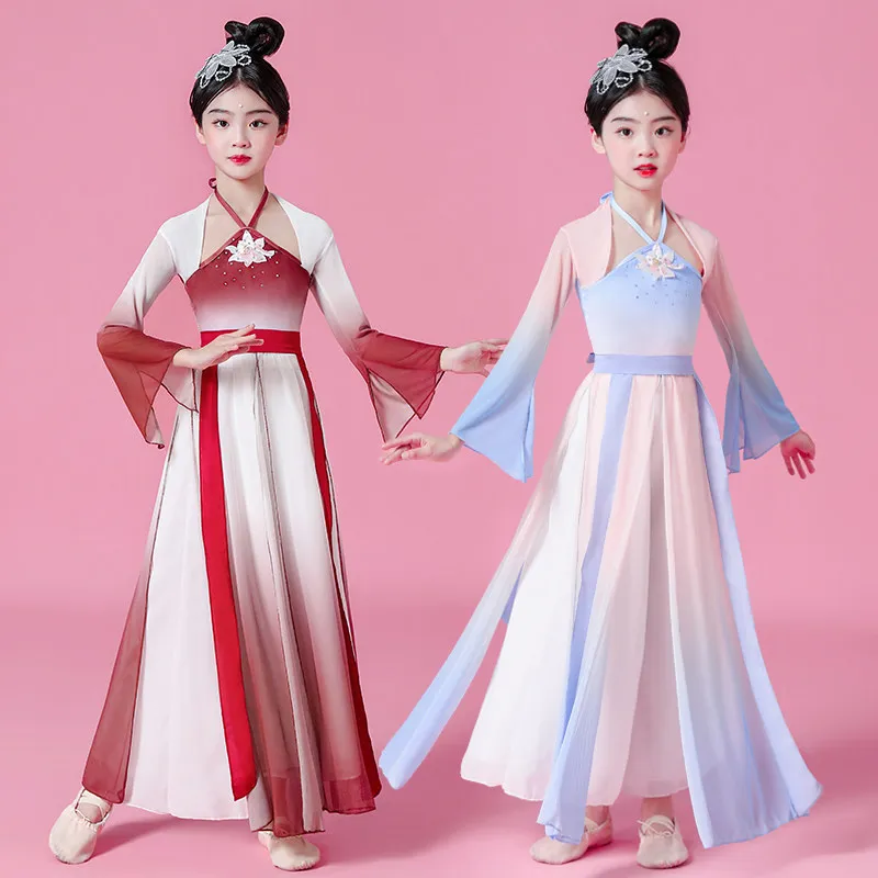 Children's classical dance performance costume, chiffon dress, Chinese fan dance performance costume, girl's dance costume
