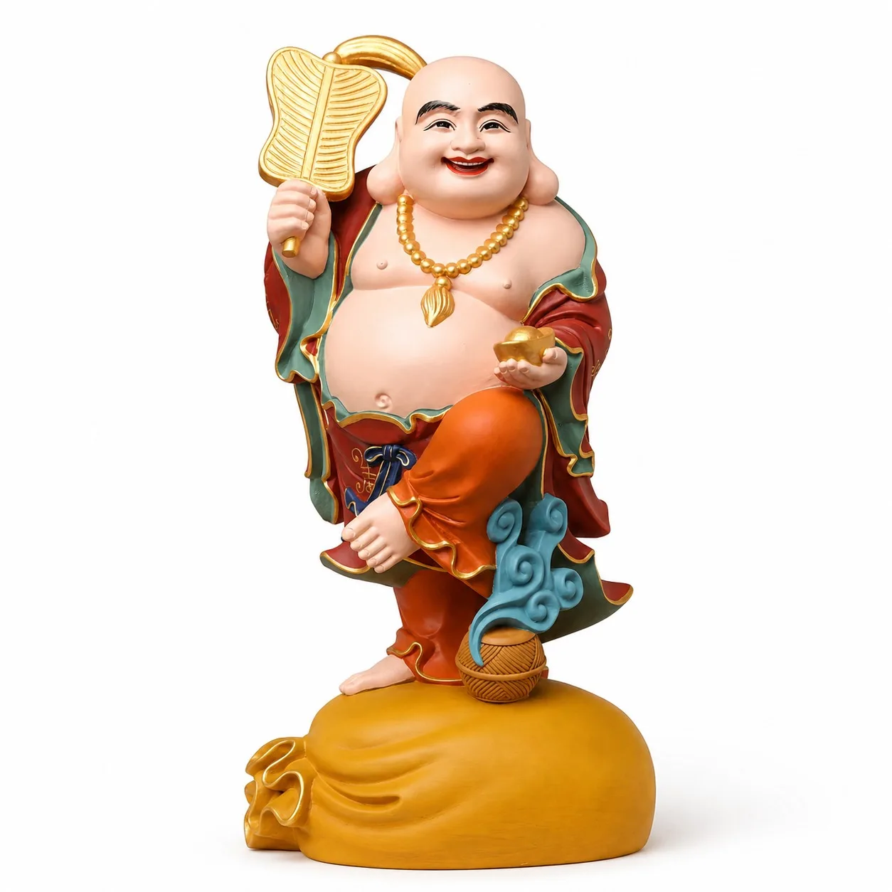 Hand Carved Hinoki Buddha Statue for Chinese Zen Home Living Room Decor with Wealth Ingot and Fan Lucky Sculpture Gift