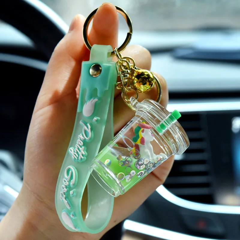 Floating Liquid Into Oil Pearl Glitter Cartoon Keychain Women Girl Bag Pendant Cute Mug Bottle Keyring Key Charm Gift