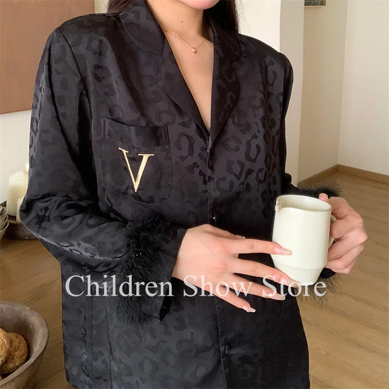 Black Leopard Print Homewear for Women Luxury Feather Patchwork Nightwear 2Pcs Pyjamas Suit Ice Silk Loungewear Lady Sleepwear