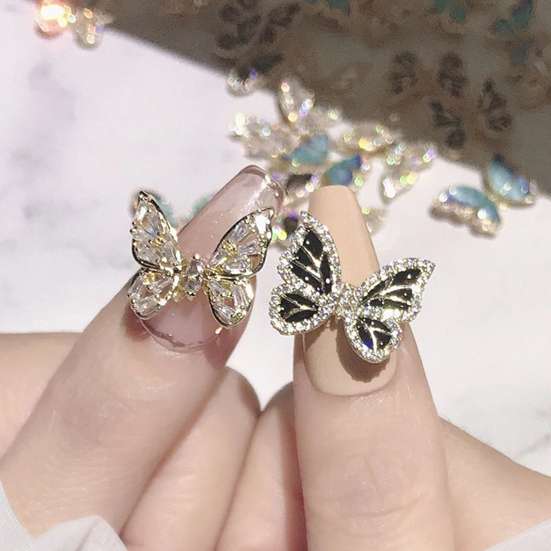 Newest 3D Crystal Butterfly Nail Decoration Gold Silver Rhinestones Nail Jewelry Shining Nail Charms Fashion Elegant Manicure