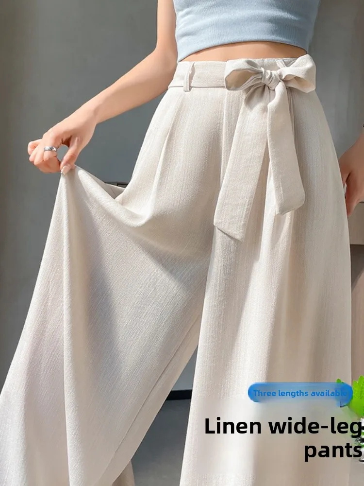 Hoge taille wijde pijpen broek dames zomer linnen dunne hangende rechte buis broek vloerlengte Japanse Sle katoen-linnen trou...