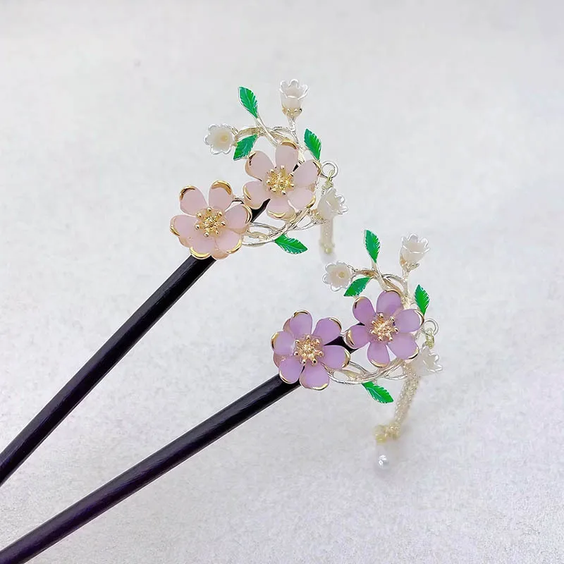 

New Chinese-style flower hairpins, ancient-style tassel hair accessories, women's high-end feel, wooden hairpins, Chinese style