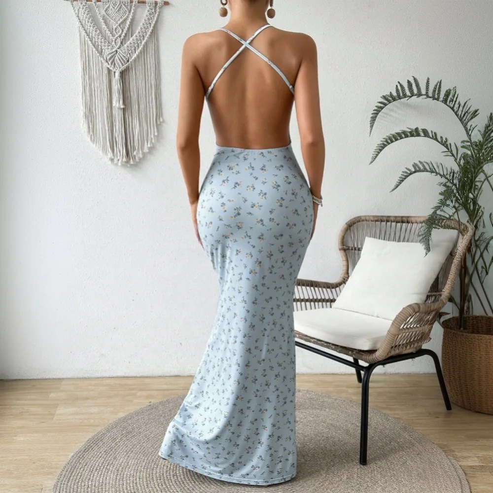 2025 feminino retro sexy cinta sem costas baixo corte halter pescoço floral festa em camadas mini princesa magro longo deslizamento vestido verão francês