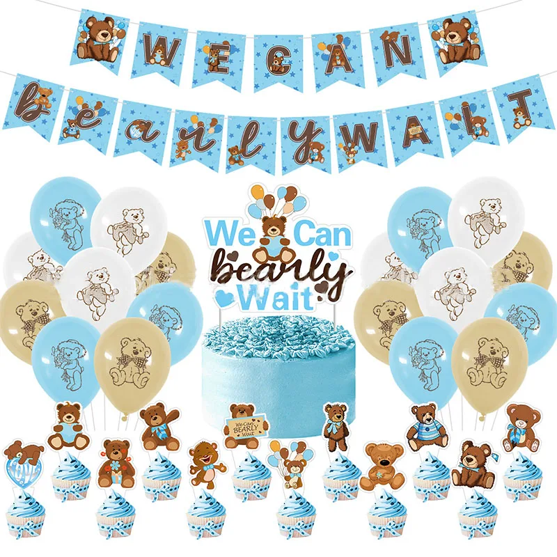 Cute Blue Teddy Bear Baby Shower Boy Girl Balloon Happy We Can Bearly Wait Baby Shower Decoriation Baloon Kids Babyshower