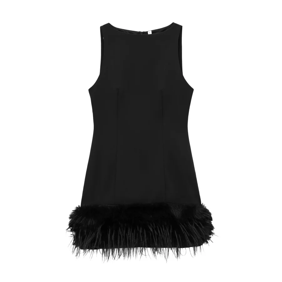 ETJ Fall/Winter 2025 New Women\'s Fashion sexy dress with feather embellished crew neck sleeveless sundress 4772227