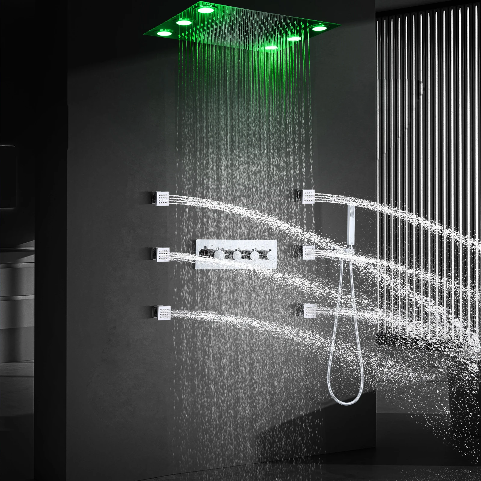 Bathroom 3 functions LED shower system rain shower panel with square jets