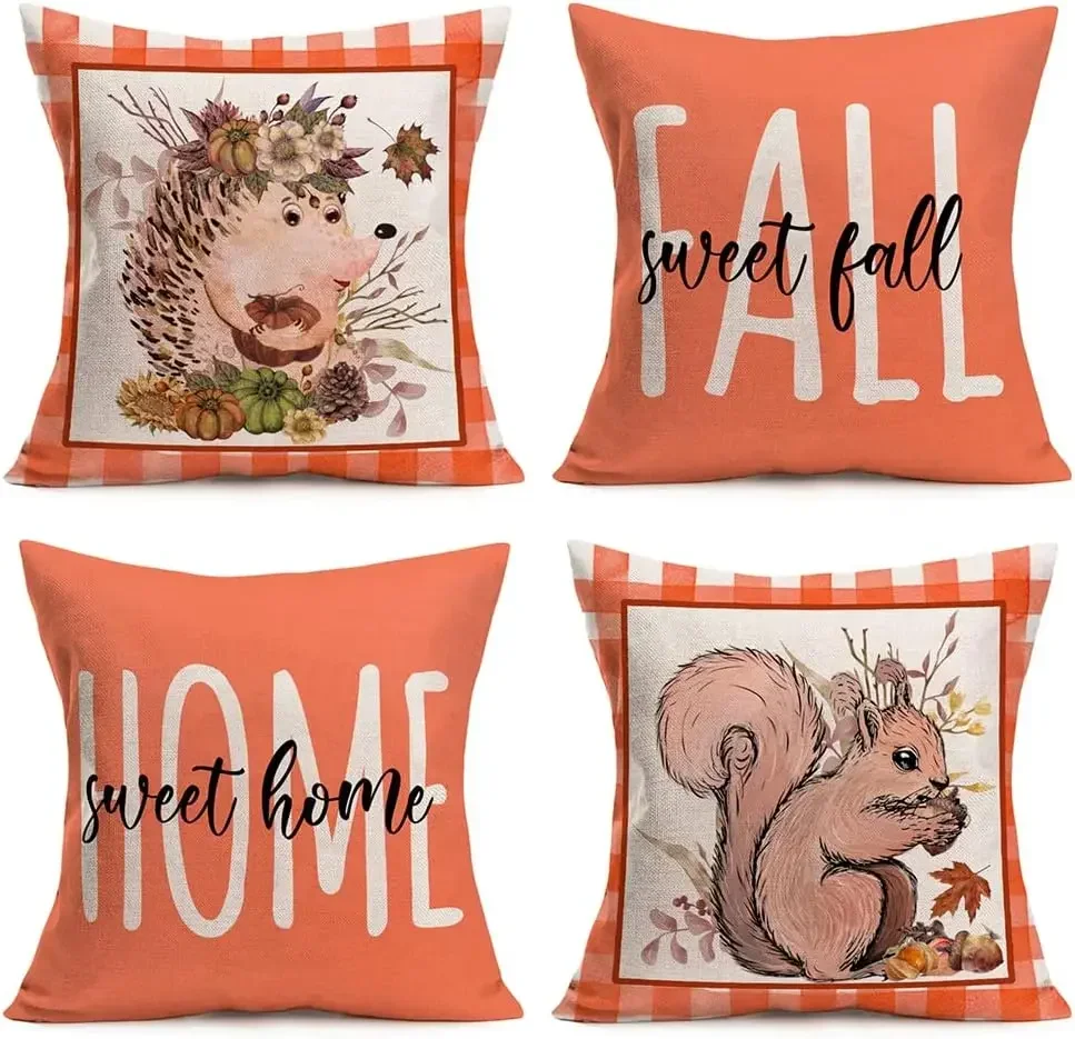 Autumn Squirrel Pillowcase Autumn Home Decoration Pumpkin Maple Leaf Thanksgiving Farmhouse Cushion Cover Camping Sofa