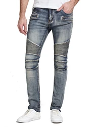 Hip Hop Jeans Men Stretch Blue Slim Fit Patchwork stripe Printed Streetwear Fashion Pockets Designer Moto Biker Jeans Boys