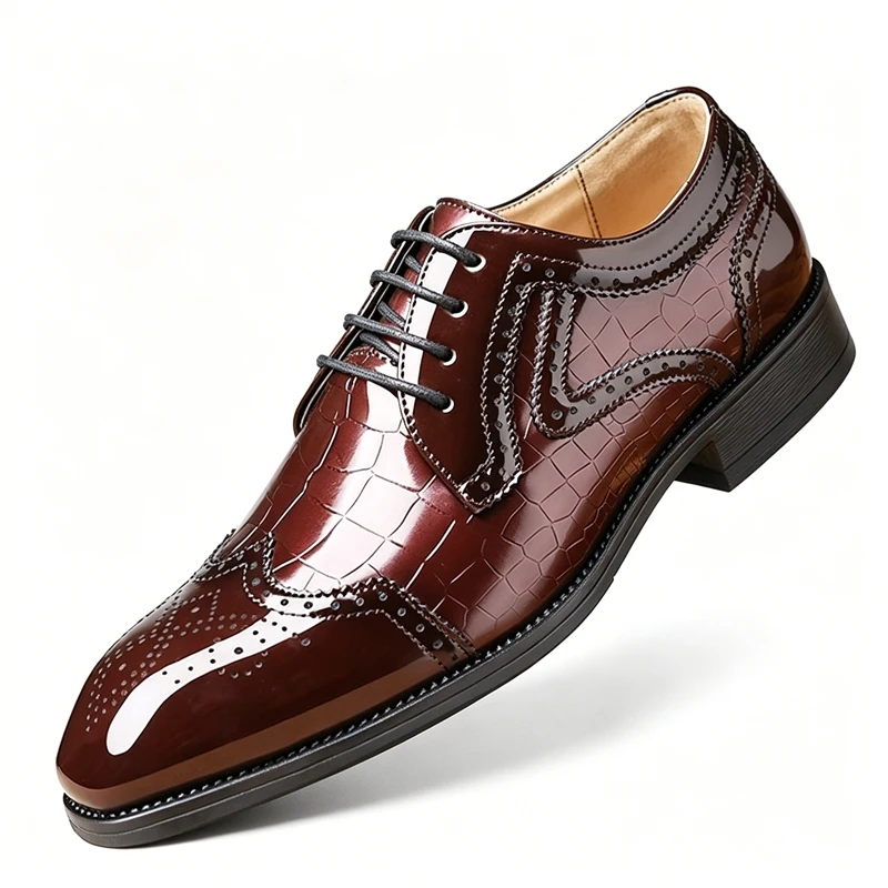 British Retro Men Wingtip Brogue Oxford Shoes Glossy Lace Up Formal Leather Shoes Wedding Groom Business Banquet Suit Matching