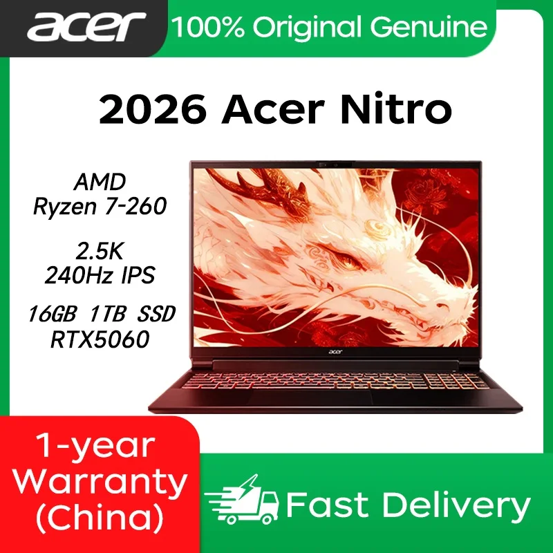 2026 Acer Nitro Gaming Laptop 16 Inch 2.5K 240Hz IPS Screen Notebook AMD Ryzen R7-260H 16GB 1TB RTX5060 Gaming Netbook Computer