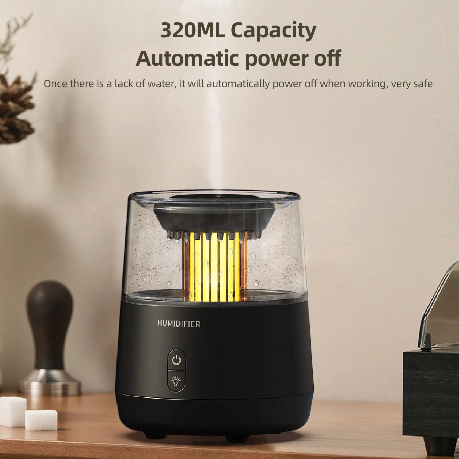 320ml-模擬雨滴超音波アロマセラピートップミスト加湿器、7色のカラフルなナイトライト付き、寝室やリビングルーム用
