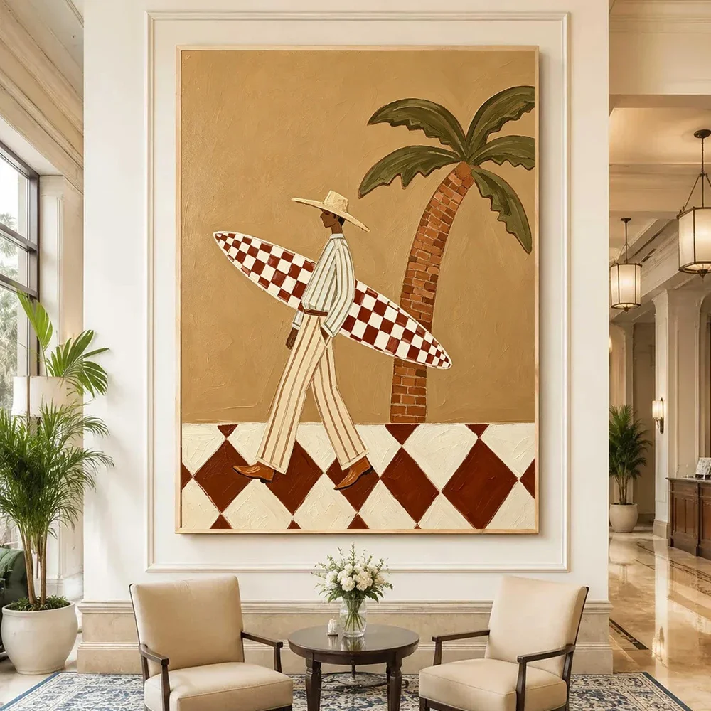 Vintage Surfer Canvas Painting Retro Palm Tree Beach Art Mediterranean Wall Decor Boho Surfing Figure Print Home Decoration