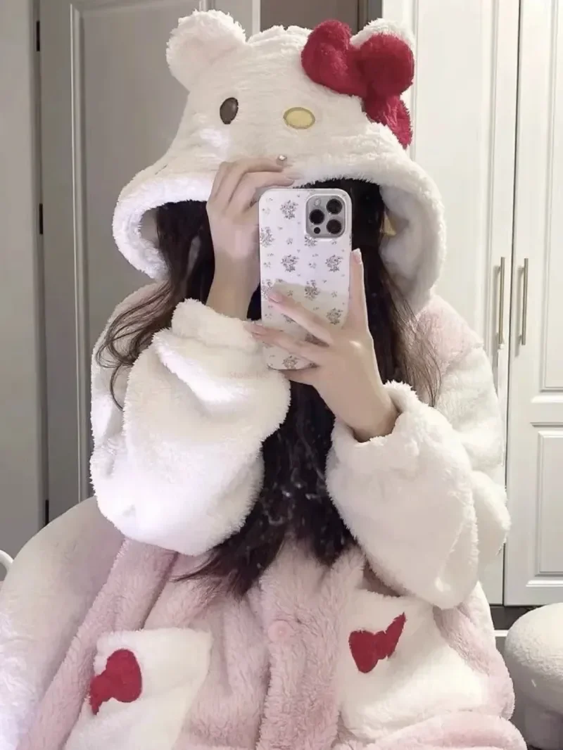 New Arrival Hello Kitty Kawaii Sanrio Cute Bow Furry Pajamas Autumn And Winter Sweet Long Pajama Anime Plush Couple Loungewear