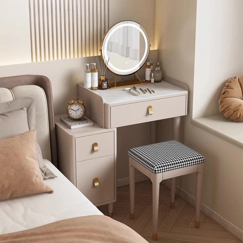 

Solid Wood Dressing Dresser Retractable Storage Bedside Table Vanity Makeup Vanities Makeup Desk Dressers Furniture LED Lamp