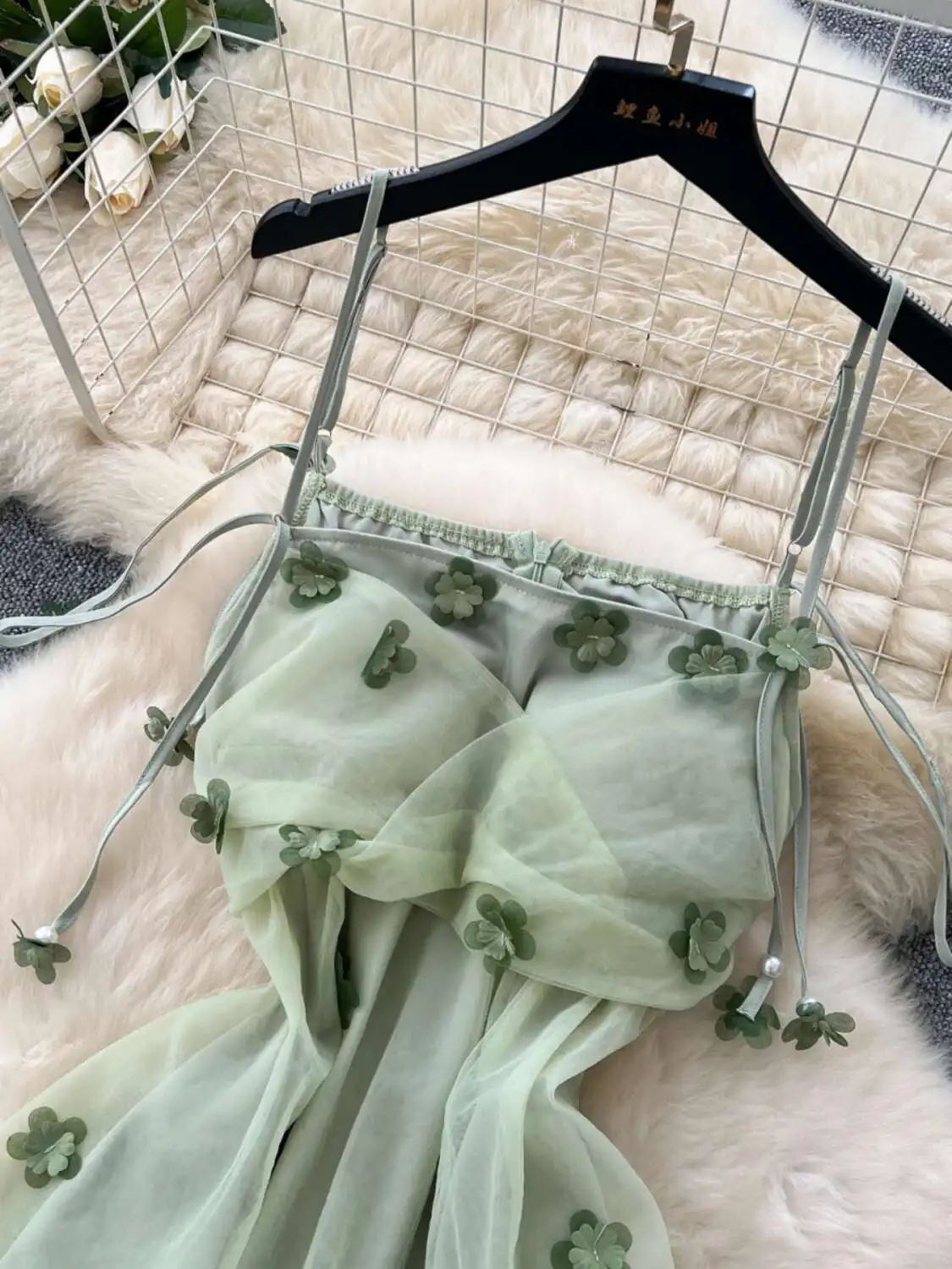 ภาษาฝรั่งเศสคําสีเขียวชุดชายหาดผู้หญิงฤดูร้อนดอกไม้สามมิติตาข่ายชุดยาวสุภาพสตรี Slim A-Line Boho ยาว Robe Vestidos