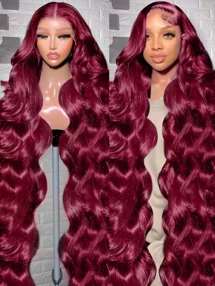 

99J Burgundy Human Hair Wigs 13x4 13x6 HD Lace Frontal Body Wave Wig Brazilian PrePlucked Red Colored Wig For Women Bleach Knots