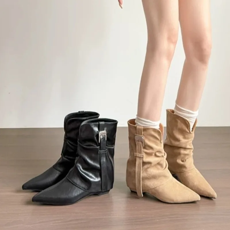 Retro Versatile Pointed Toe Booties Women's Autumn New Belt Buckle Pleated Temperament Square Heel Shoes