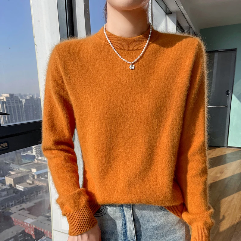 Flat Round Neck Pure Cashmere Sweater Women\'s Long Sleeve Tops 2024 Autumn and Winter Warm Loose Knit Pullover Solid Color Base