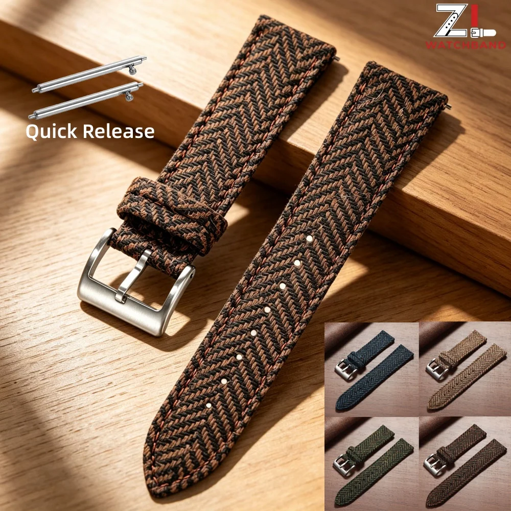 Image of Schnellverschluss Gewebtes Armband 18mm 20mm 22mm für Omega für Seiko Vintage Echtes Rindsleder Tweed Nylon Armband Smartwatch Uhrenband