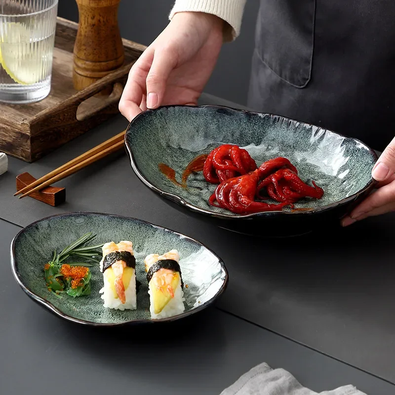 1PC Japanese Glaze Plates Oval Irregular Ceramic Tableware for Home Steak Pasta Salad Western Restaurant Commercial Use