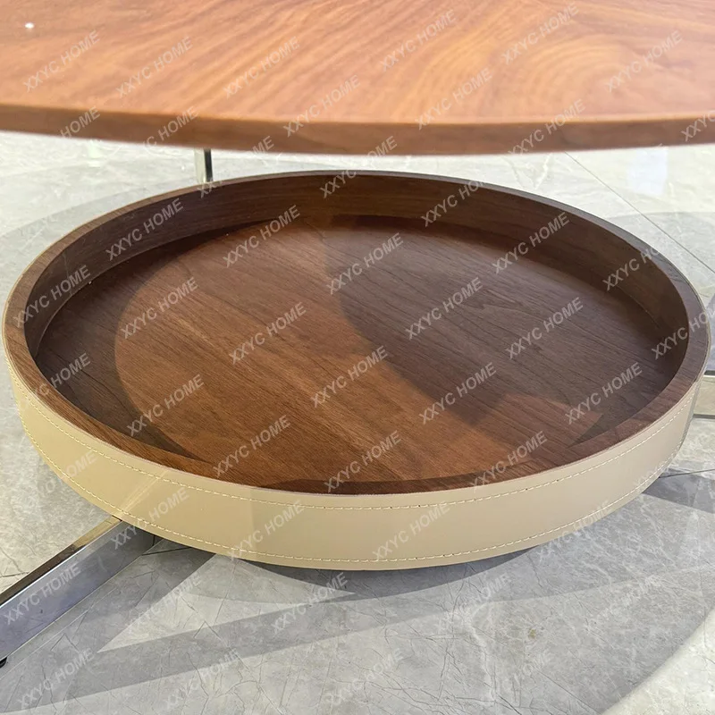 L Saddle leather solid wood double coffee table new  minimalist round combination