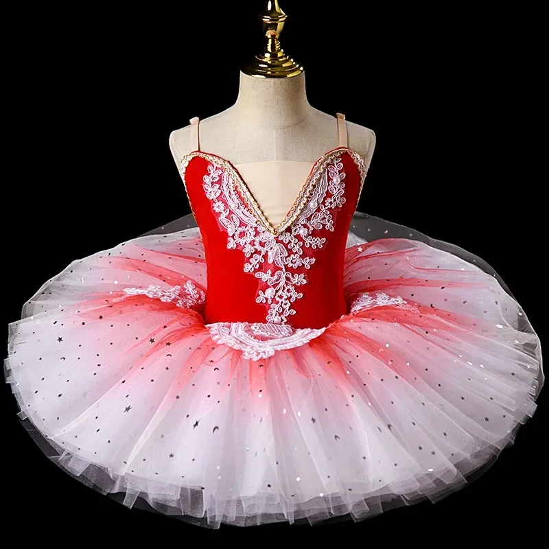 2023 neue Ballerina Fee Abschluss ball Party Kostüm Kinder blau Pailletten Blumen kleid Mädchen tanzen tragen Gymnastik Ballett Tutu Kleid