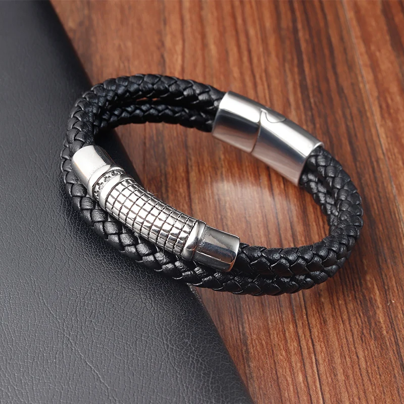 Luxury Vintage Handmade Leather Braid Men Bracelet Stainless Steel Buckle Business Men\'s Bangles For Friend Partner Lovers Gift