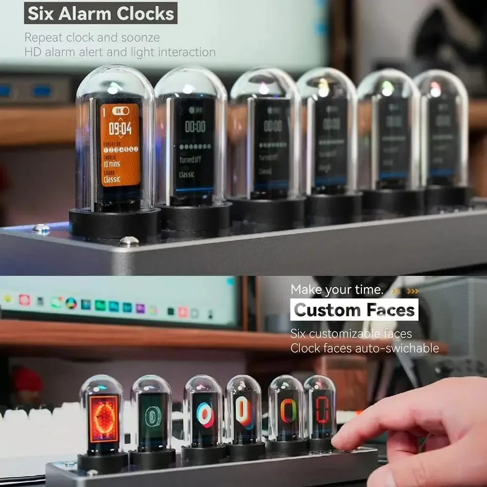 WiFi Sync Glow Tube Clock IPS Color Screen - 6 Alarms 12 Custom Images Web Control No App Required