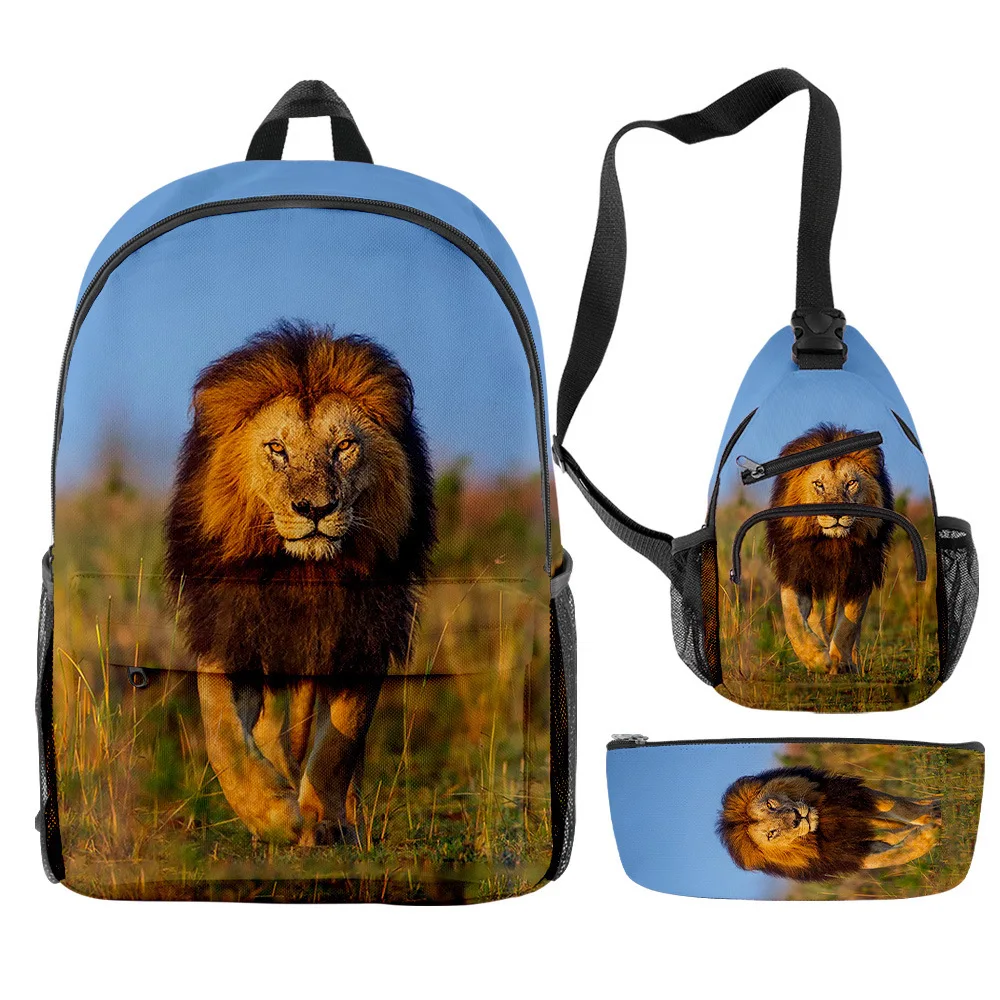 

Fashion Youthful Funny lion 3pcs/Set Backpack 3D Print Bookbag Laptop Daypack Backpacks Chest Bags Pencil Case