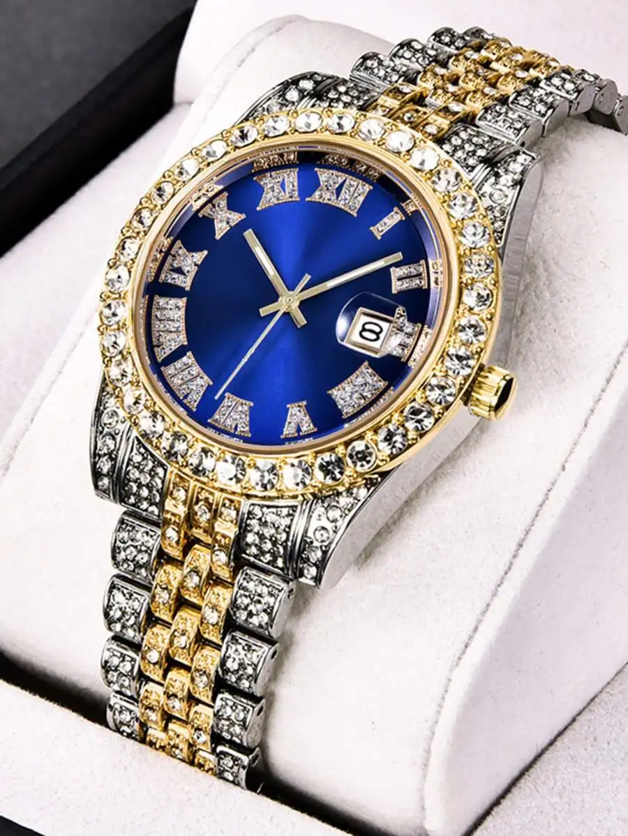 

Роскошные женские кварцевые часы с синим циферблатом, римскими цифрами и кристаллами, из нержавеющей стали