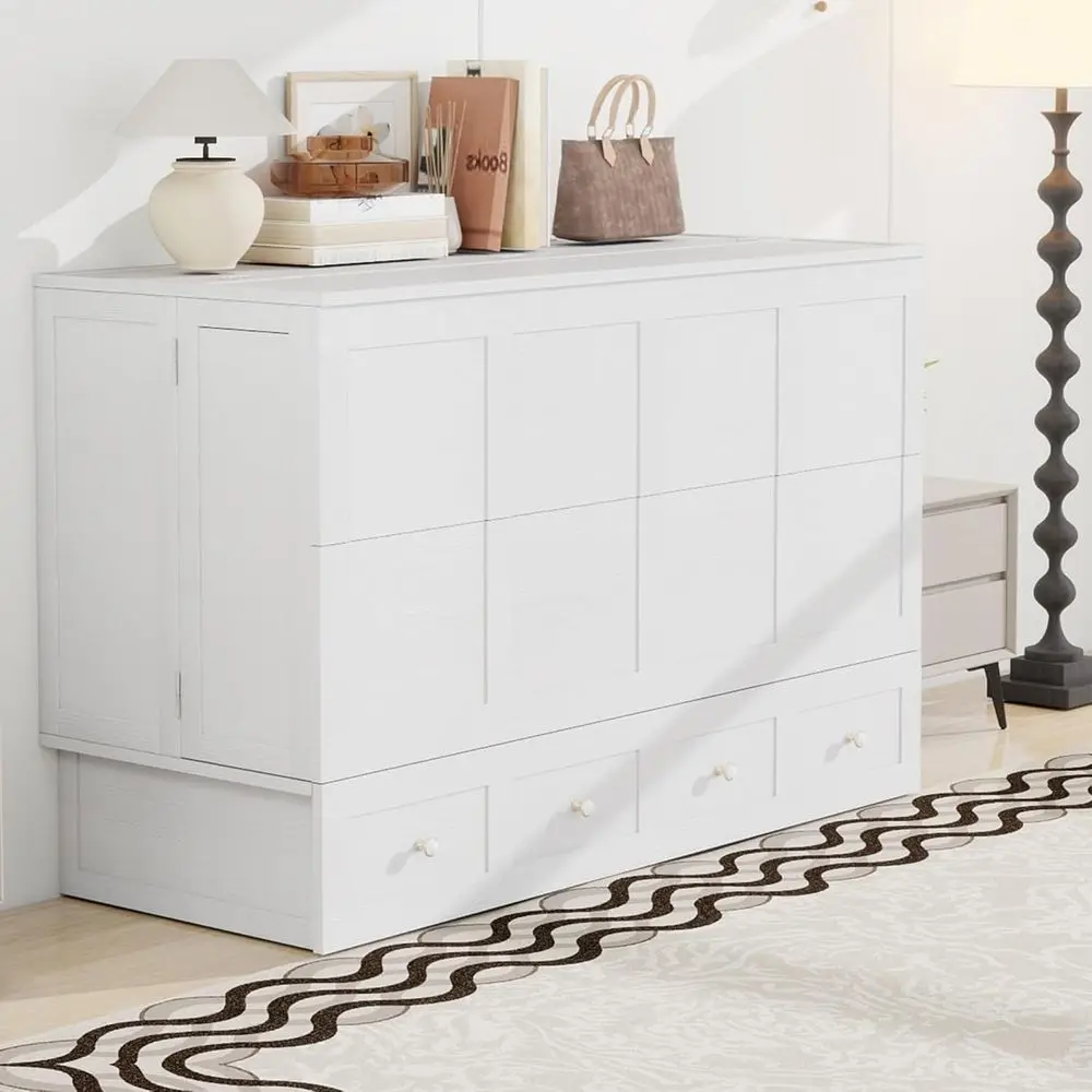 

Queen-Sized Solid Wood Murphy Bed with Shelves, Charging Station, and Space-Saving Design in Ivory White (Mattress Not Included)