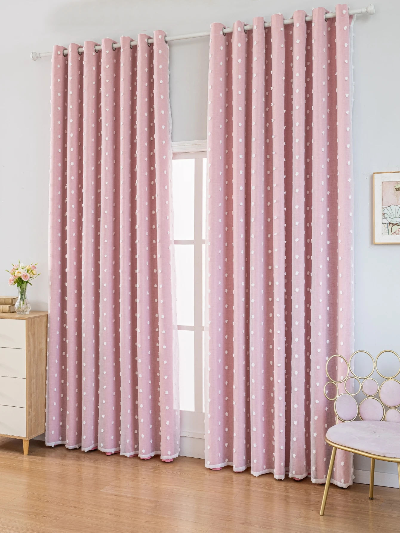 pink Double layered blackout curtains with perforated white dot gauze decor for  living rooms bedrooms office festive decor