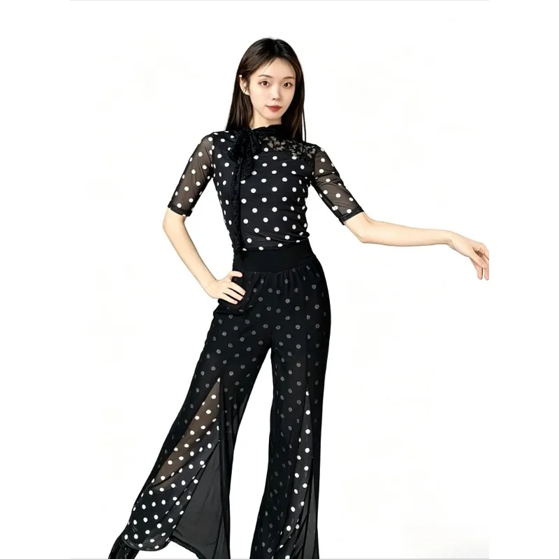 Women Latin Dance Flared Practice Pants Set Elegant Slim Standard Dance Outfit Summer Lightweight Breathable Training Dancewear