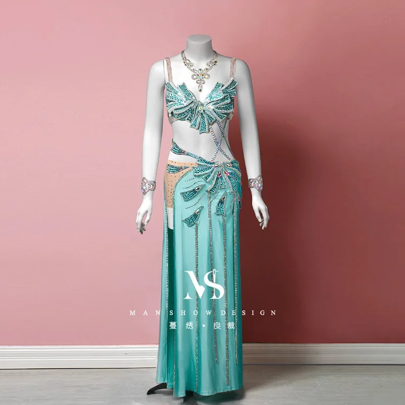 Customized Belly Dancewear Rhinestone Accessories Group Stage Suit Performance Costume Belly Dancing Bra Tassel Split Skirt Set