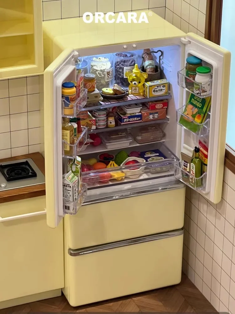 1:6 بيت الدمية نموذج صغير اكسسوارات الأثاث ثلاجة باب مزدوج مع ضوء Bjd Ob11 Gsc Blyth الجندي Lol المشهد الدعائم