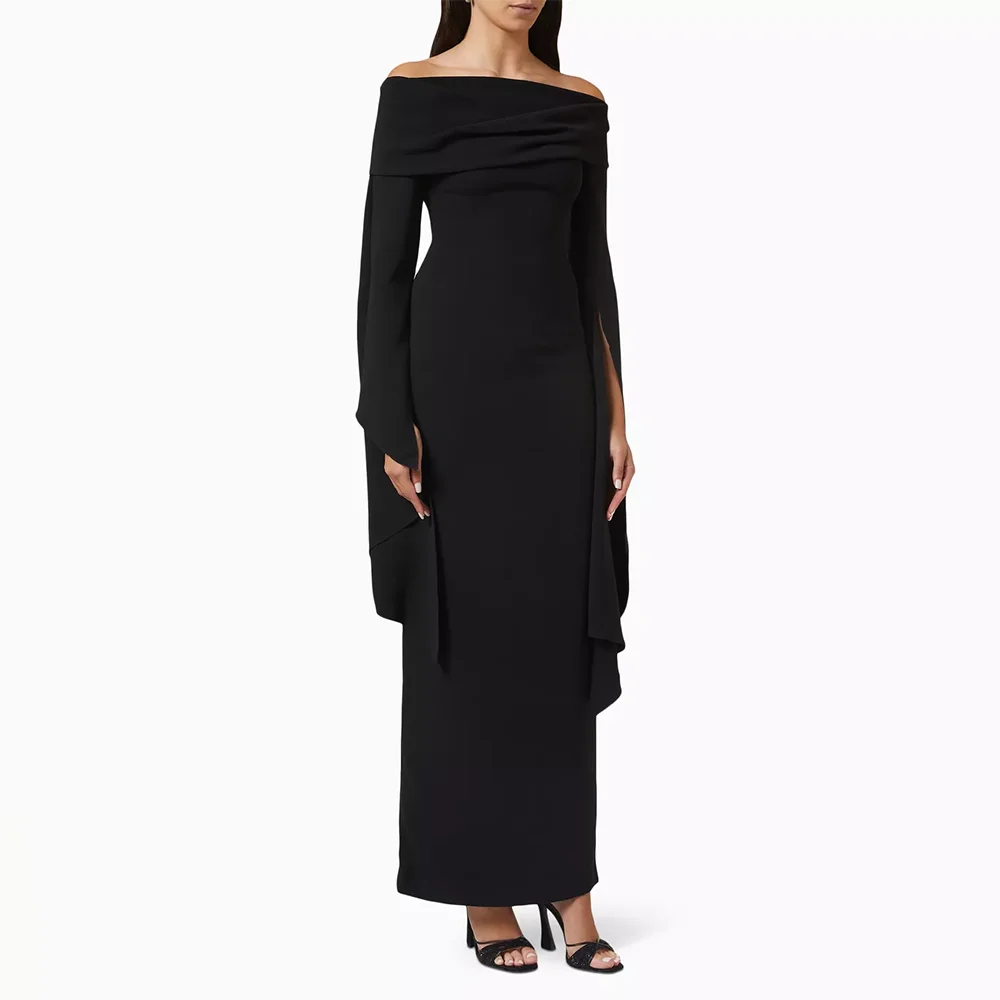 

Elegant Women's Evening Dress Black Off The Shoulder Column Evening Gowns Maxi Long Sleeves Sheath Formal Party Dress Customized