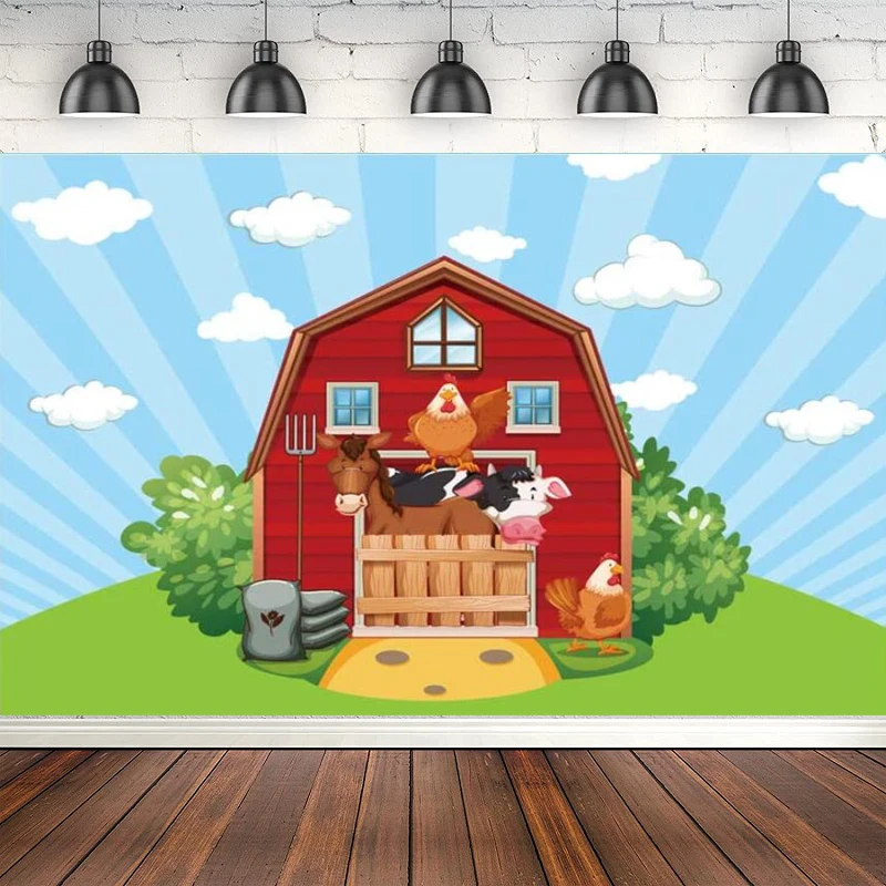 Cartoon Red Farm Animals Photography Backdrop Children Newborn Birthday Party Background For Photobooth Banner Photo Studio