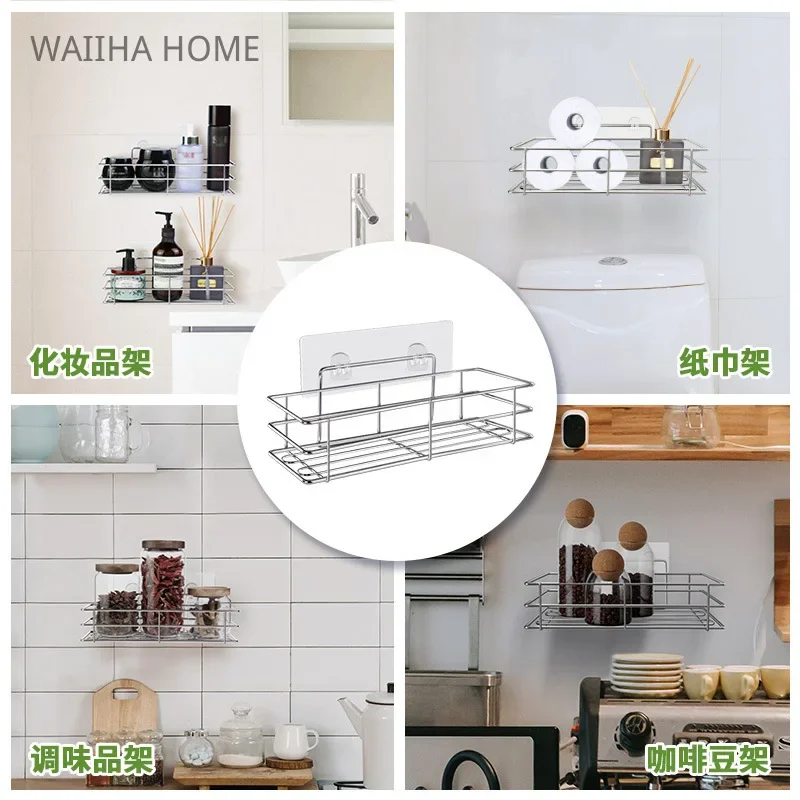 Stainless Steel Wall Storage Shelf Rack Punch Free Shower Shampoo Storage Rack Holder with Sticker Bathroom Storage Caddy Rack