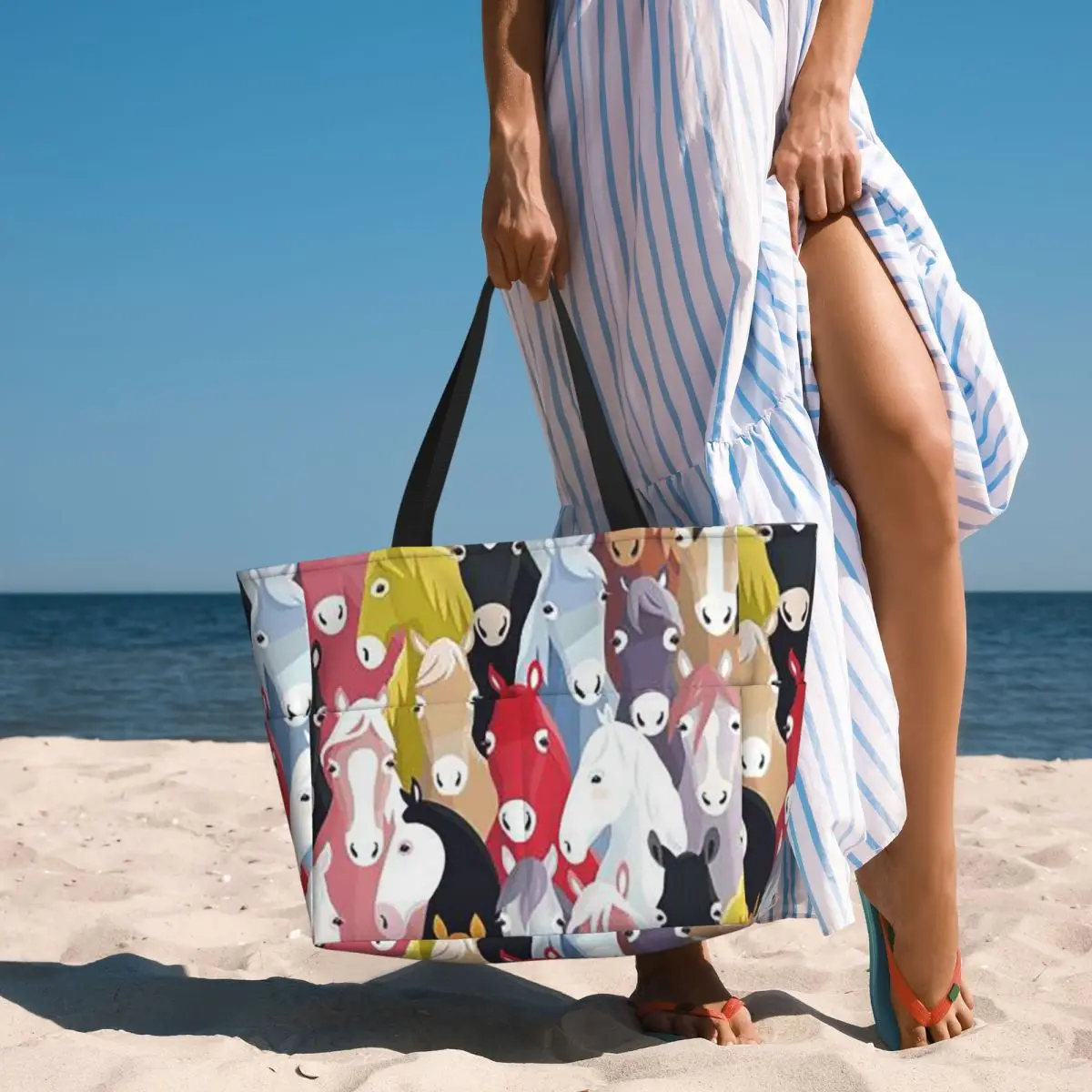 Cartoon Horse Printed Beach Tote Bag Sport Gym Yoga Duffle Large Tote Bag Women Travel Bag Fitness bag