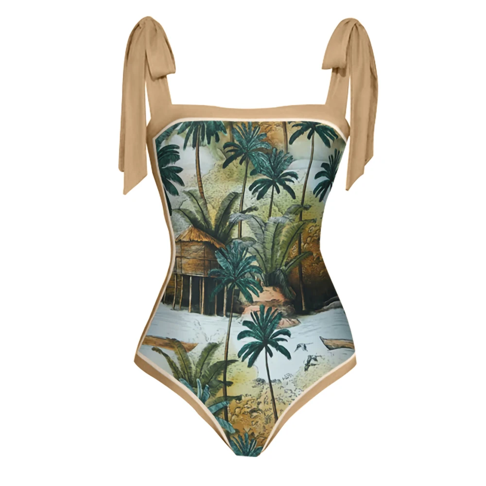 Beach Coconut Tree Print Bikini High Waist One-piece Slim Strap Swimsuit Independent Strap Cover-up Blouse Pre-sale 2023Swimwear