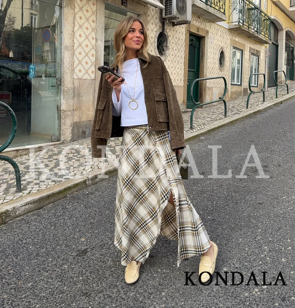 KONDALA Eleganter Lässiger Karierter Midirock für Damen, Trendiger Asymmetrischer Saum Rock, Neu 2026 Frühling Sommer Mode Damenrock – Detail 3