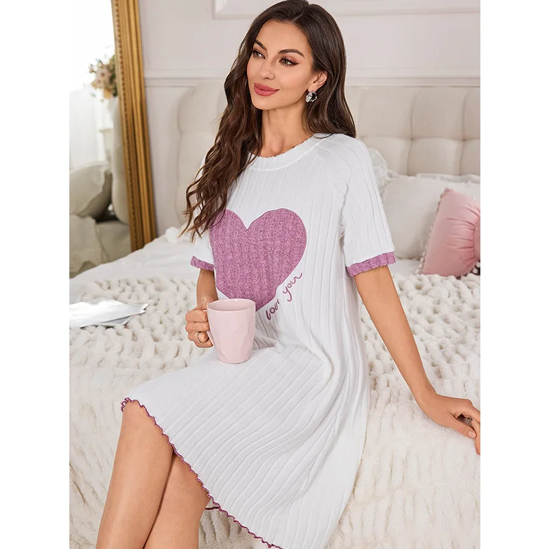 

Fall and Winter Love Pattern Color Blocked Pajamas Women Set New Soft Short Sleeved Nightgown Homewear Ladies Striped Sleepwear