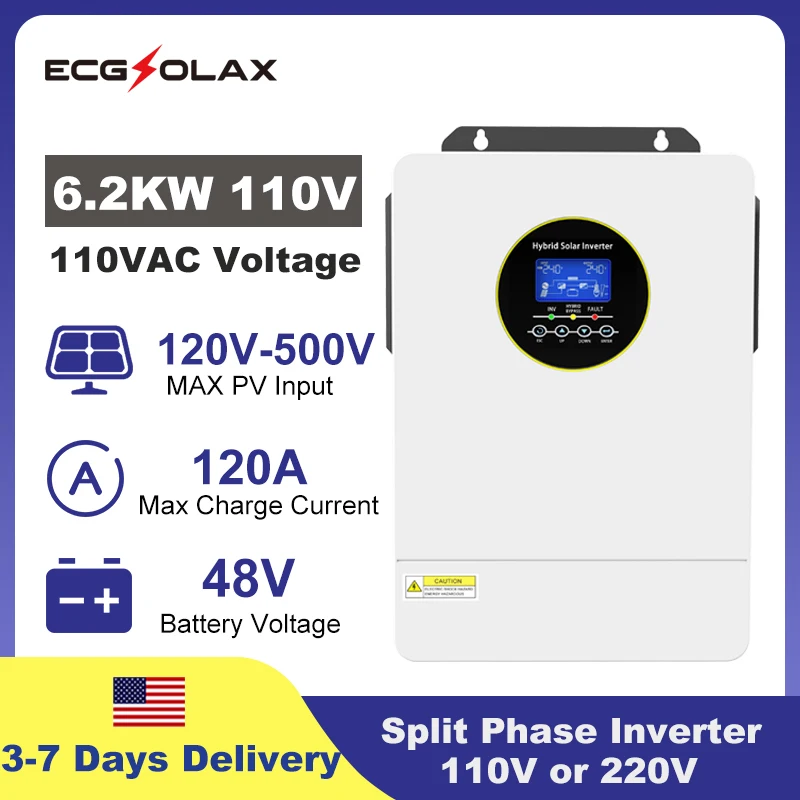 

Гибридный солнечный инвертор ECGSOLAX 6.2 кВт, сдвоенный, 48В/110В/220В, автономный, с MPPT контроллером заряда 120А, максимальное входное напряжение фотоэлектрических панелей 500В