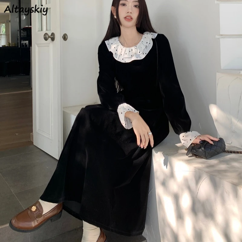 Velvet Long Sleeve Dress Women Autumn Winter Temper All-match A-line Vestidos Ruffled Patchwork Tender Fashion Retro Design Chic