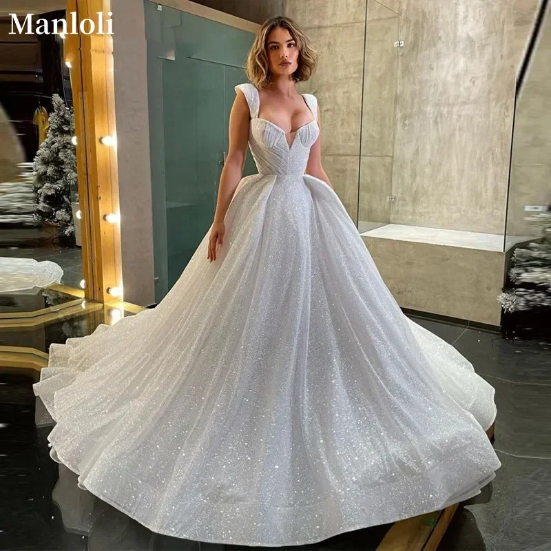 

Customized Charming Sparkling Wedding Dress Sweetheart Strap Sweep Train Bridal Dress Dubai Women's Wedding Dress Customized