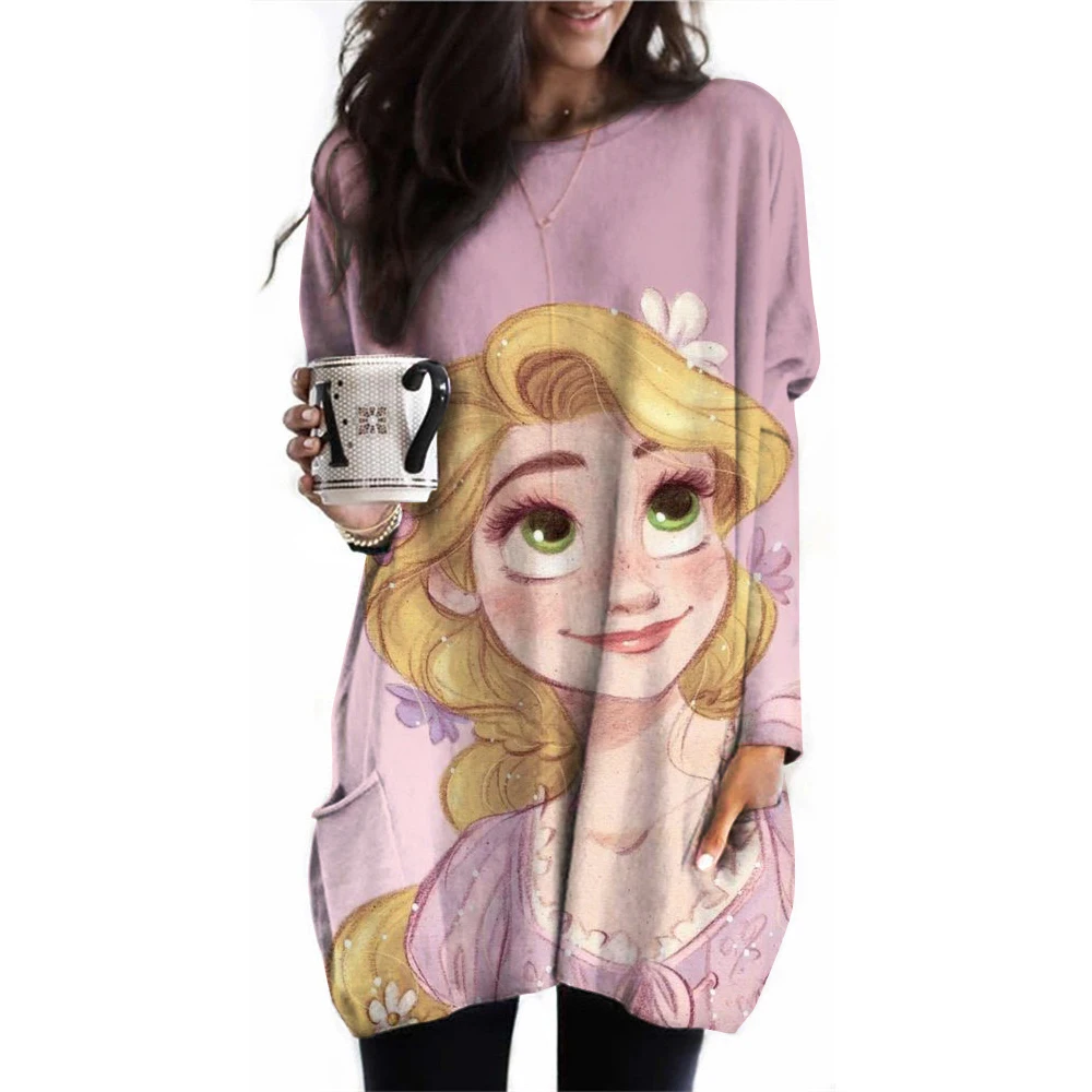 Women's Pocket T-shirt Disney Princess Fashion Loose Long Sleeve Snow White Printed Round Neck Pocket T-shirt Top Women's Sports